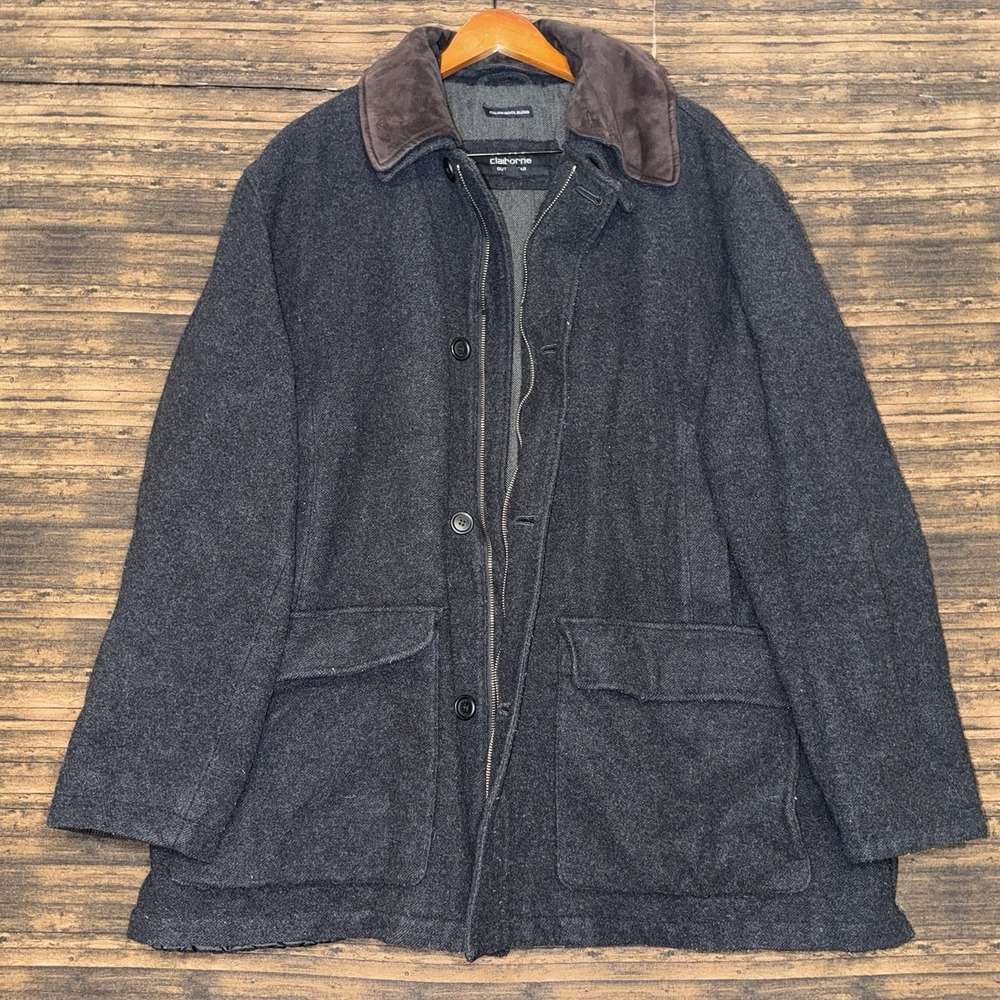 Claiborne Wool Overcoat Mens XXL Gray Vintage Suede Collar Chore Barn Coat